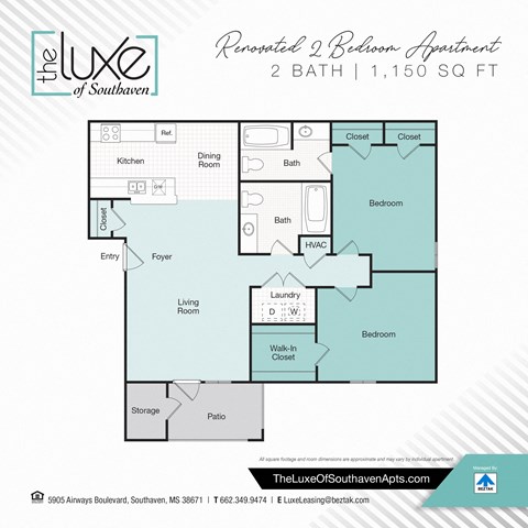 Floor plan for 2 beds, 2 baths, 1150 sqft